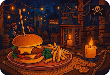 Burger, frites et bougie posés sur une table en bois dans l’univers pirate de Pirate's Paradise
