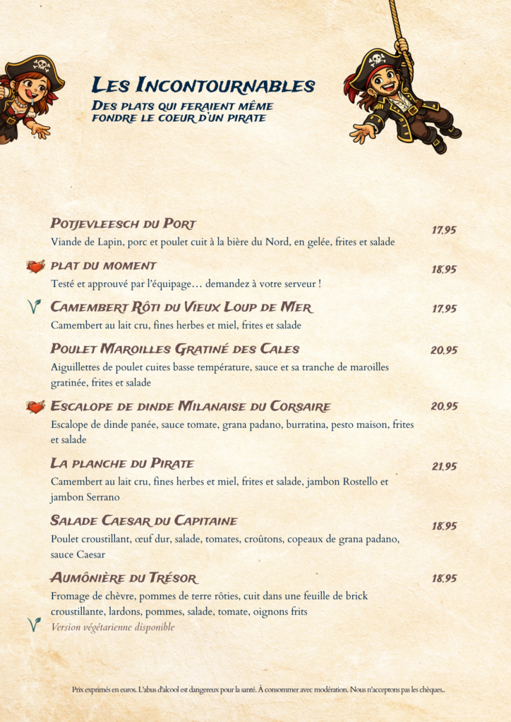 plats incontournables pirates paradise menu