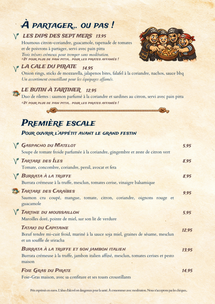 entrées pirates paradise lille menu