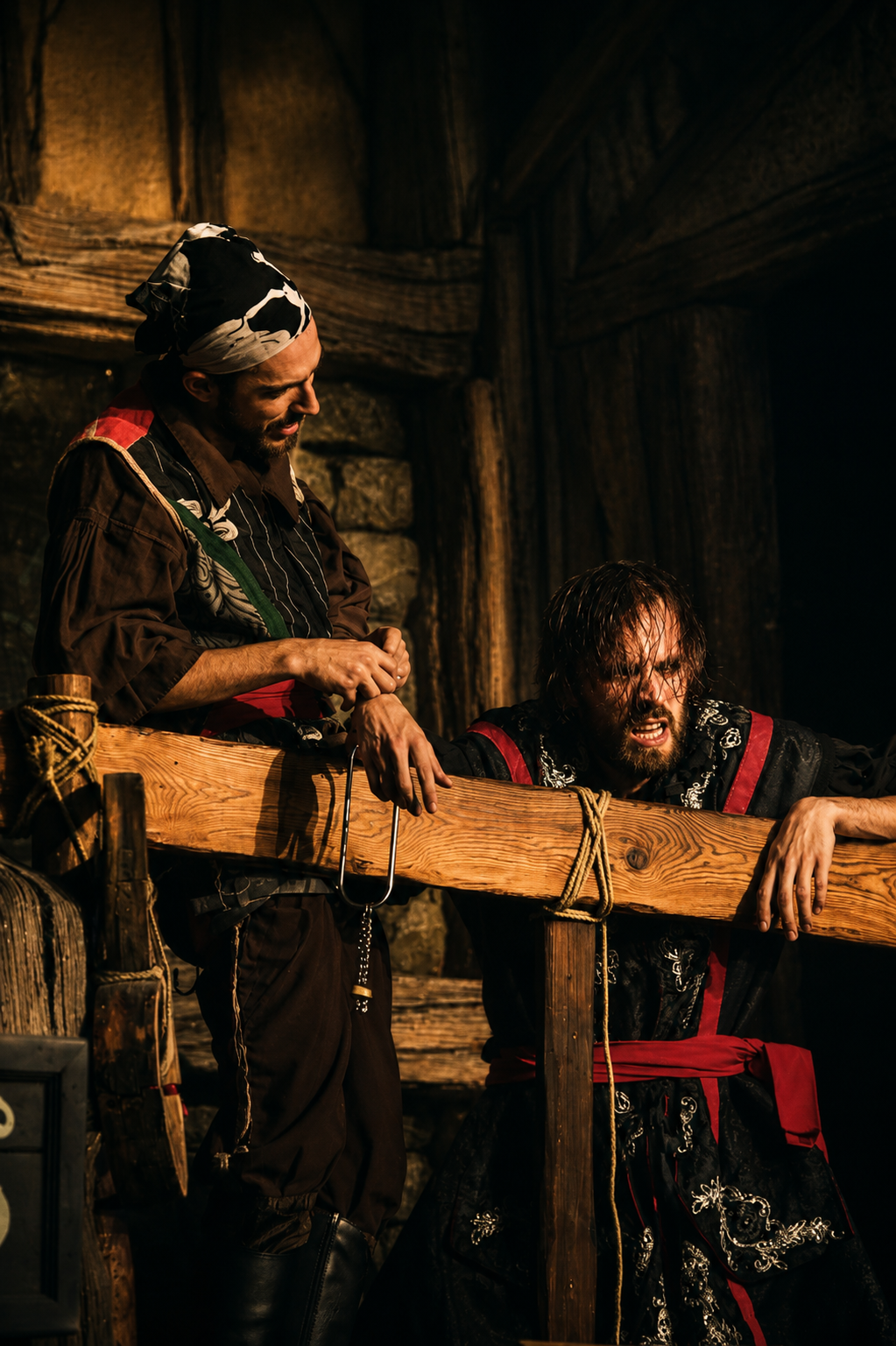 Spectacle de pirates joué devant les familles pendant leur repas au restaurant Pirates Paradise Lille